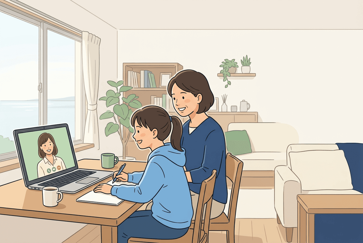 自宅でオンライン授業を受ける親子と、画面の中の先生