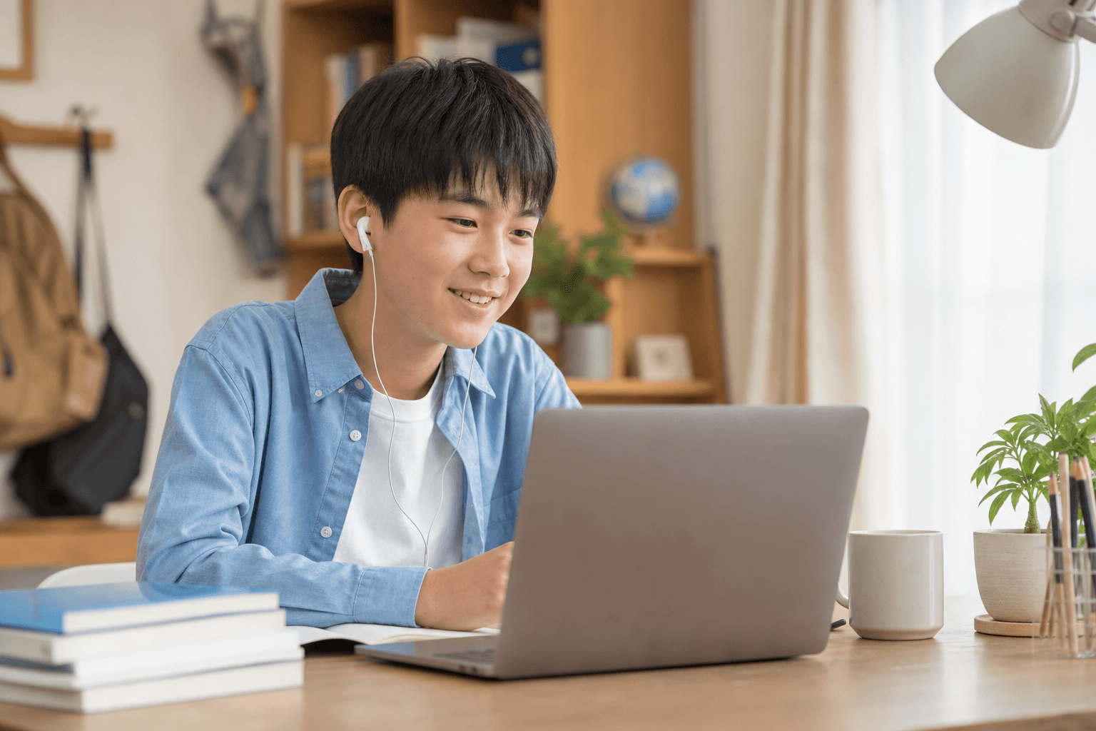 自宅でオンライン授業を受ける高校生